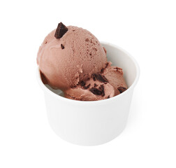 Paper cup with tasty chocolate ice cream isolated on white
