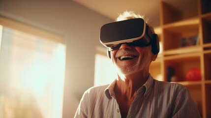 Elderly man wearing virtual reality headset have fun with technology
