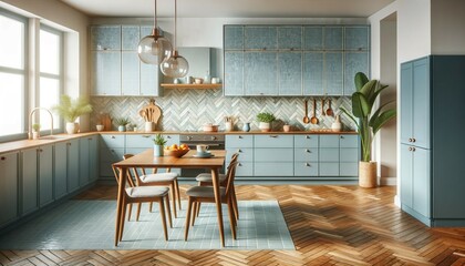 Mid-century style modern kitchen with a wooden dining table against blue cabinets and a pastel blue herringbone tiled backsplash