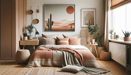 Scandinavian modern bedroom with terra cotta pillows and a blanket