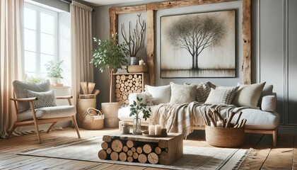 Fototapeta na wymiar Farmhouse, boho, and rural styled modern living room with a tree logs wooden rustic bench