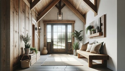 Farmhouse interior design of a modern entrance hall with a barn wood rustic bench against a window