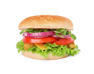 Delicious burger with tofu and fresh vegetables isolated on white