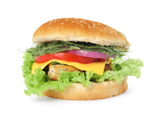 Delicious burger with tofu and fresh vegetables isolated on white