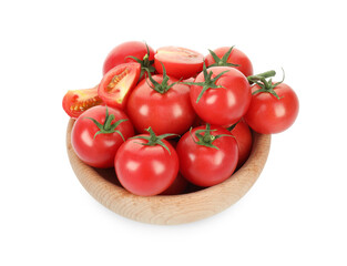 Wooden bowl with fresh ripe cherry tomatoes isolated on white