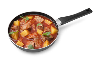 Delicious goulash in saucepan isolated on white
