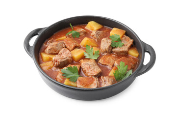 Delicious goulash in pot isolated on white