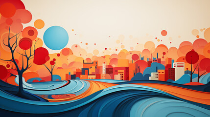 an abstract visualization symbolizing communities adapting to climate change, using bold colors and dynamic shapes to represent resilience, innovation