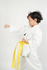 Fighting stance, hitting, parrying, kicking in taekwondo, karate kids, isolated Concept of sport, childhood, martial arts