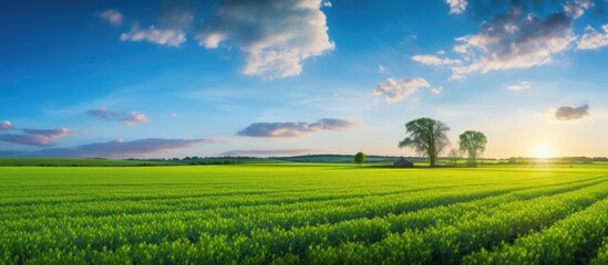 As the sun sets on the summer landscape, the vibrant green fields of the farm come alive under the blue sky, creating a breathtakingly picturesque scene that captures the growth and beauty of nature