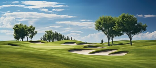 In the vast open space of the nature-themed golf course, the green grass created a striking contrast against the white sand bunkers, while the steel rake glided over the field, maintaining the