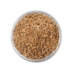 Bowl of aromatic caraway (Persian cumin) seeds isolated on white, top view