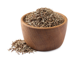 Bowl of aromatic caraway (Persian cumin) seeds isolated on white