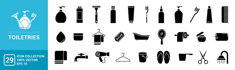 Collection of toiletries icon, toothbrush, toothpaste, shampoo, conditioner, cream, editable and resizable EPS 10 - obrazy, fototapety, plakaty