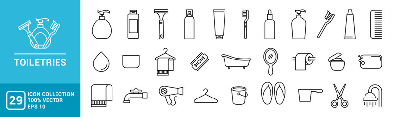 Collection of toiletries icon, toothbrush, toothpaste, shampoo, conditioner, cream, editable and resizable EPS 10