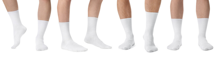 Men in stylish socks on white background, collection of photos