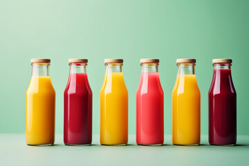 Colourful healthy smoothies and juices in bottles on color background with copy space