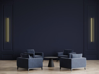 Dark room with accents. Blue navy armchairs. Deep indigo paint wall for art. Trendy modern minimalist interior design mockup large living. Background empty mockup. Stylish rich office hall. 3d render