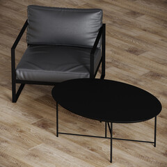 Livingroom with dark chairs black details with gray leather. Modern minimalist coffe table. Wooden parquet floor. Closeup livingroom. 3d render 