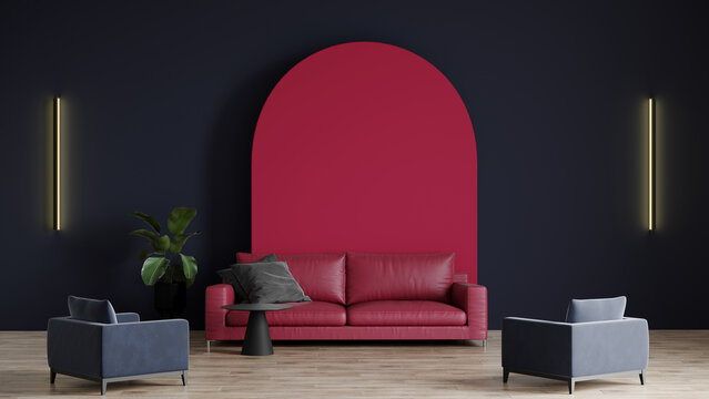 Huge modern living room with viva magenta maroon burgundy red trend accent sofa and details. Large dark blue navy background and chair. Mockup premium interior lounge design office or home. 3d render 