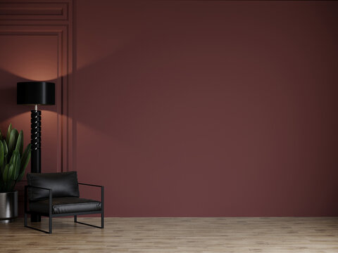 Deep dark livingroom with terracotta maroon empty paint wall and black chair. Accent colors. Mockup for art or picture. Modern interior design room - minimalist lounge reception hall office. 3d render