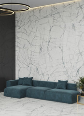 View on light living room interior with white marble, Accent tile slab wall and rich premium lounge design. Premium teal turquoise blue large sofa. Mockup office, reception or luxury hall. 3d render