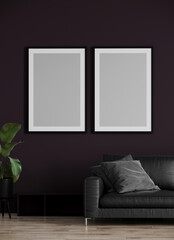 Gallery hall with accent wall. Purple dark black paint in room design. Exhibition with stands for art and paintings by artists. Two frames canvas mockup. Verical posters blank. 3d rendering 