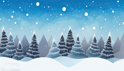 Christmas holiday background. Winter snow december landscape, Pine trees in the snow. Snowfall blue sky wallpaper.