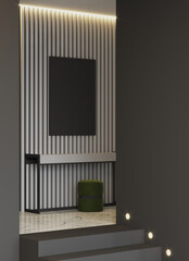 Accent wall for the picture or art. Large vertical 1 black frame canvas art on gray paint wall background. Rich gallery hall or living room office. Black details and stairs with lamps. 3d rendering 