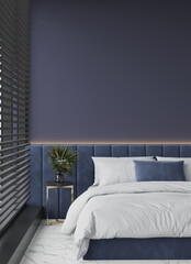 Luxurious premium bedroom with bed. Deep dark colors - blue, navy, indigo, cobalt. Blank wall background for art. Minimal trend design room home or hotel. 3d render 
