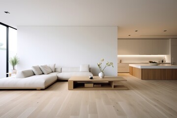 Fototapeta na wymiar A pristine living room adorned with clean lines, neutral colors, and minimal furniture, embodying the essence of minimalist interior design
