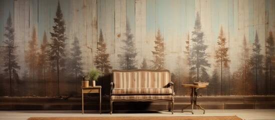 The vintage wallpaper in the old mountain cabin had a weathered and stained texture, adorned with retro stripes and grunge details, giving a nostalgic feel to the rustic landscape. The antique paper