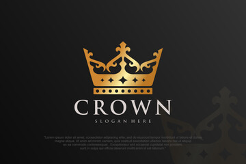 Premium style abstract gold crown logo symbol. Royal king icon design Vector.