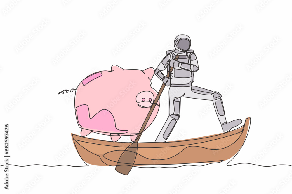 Poster single continuous line drawing astronaut sailing away on boat with piggy bank. save money on the shu