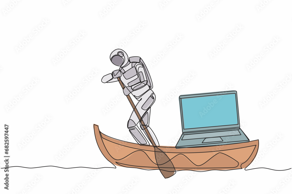 Aufkleber single continuous line drawing astronaut sailing away on boat with laptop computer. high-tech to car