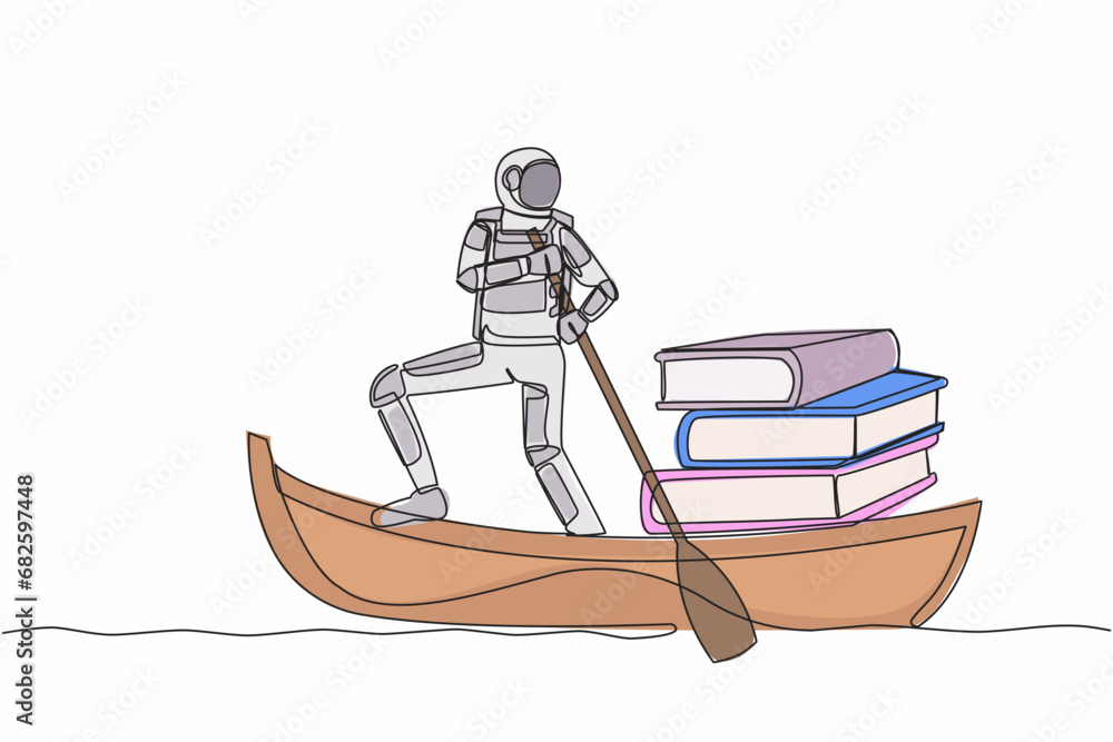 Poster continuous one line drawing astronaut sailing away on boat with pile of books. higher education and 