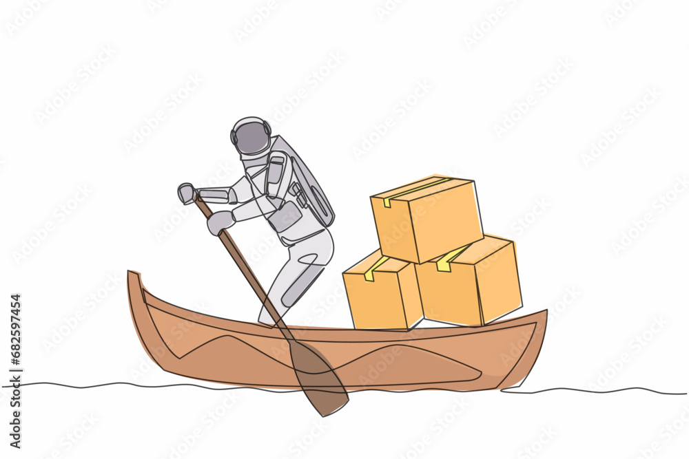 Poster continuous one line drawing astronaut sailing away on boat with pile of cardboard. delivery of packa