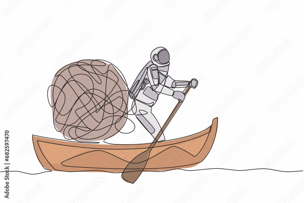 Poster single one line drawing of astronaut sailing away on boat with messy line. confusion and anxiety whe