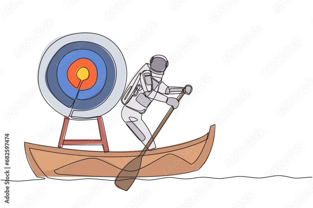 Poster continuous one line drawing astronaut sailing away on boat with dartboard target. achieve tech missi