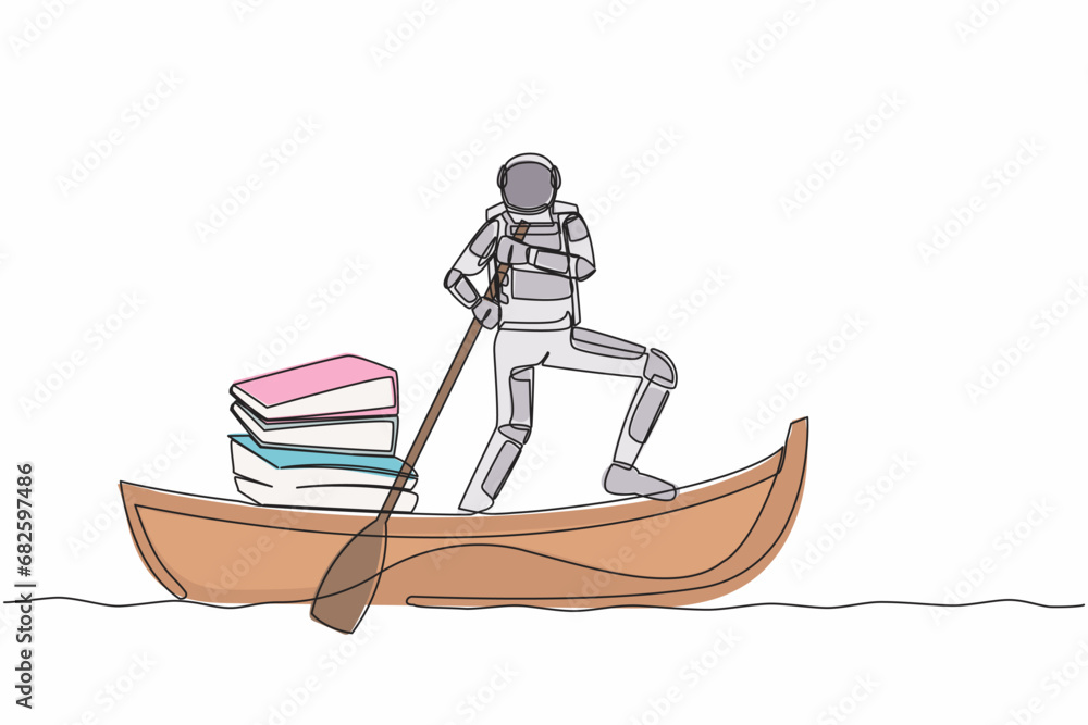 Poster continuous one line drawing young astronaut sailing away on boat with stack of papers. manage digita