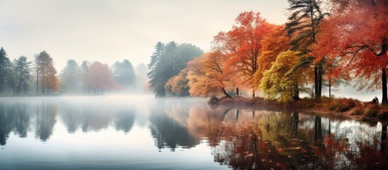 In the enchanting autumn landscape of England, a majestic forest emerged, adorned with beautiful trees and a serene lake reflecting the fog-covered nature, inviting hikers to explore its natural - obrazy, fototapety, plakaty