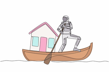 Single one line drawing of young astronaut sailing away on boat with house. Search for housing on planets other than Earth. Cosmic galaxy space. Continuous line draw design graphic vector illustration