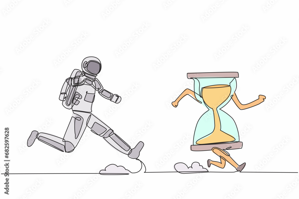 Aufkleber continuous one line drawing of young astronaut run chasing hourglass in moon surface. time managemen