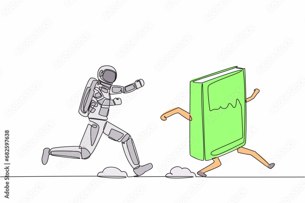 Aufkleber single one line drawing of young astronaut run chasing textbook for learning in moon surface. scienc