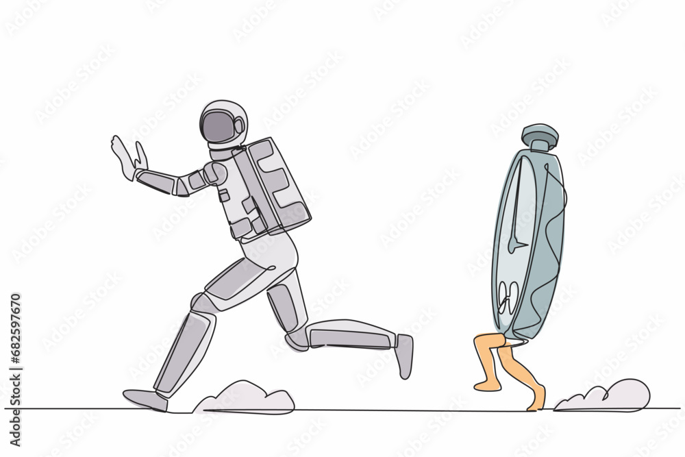 Aufkleber continuous one line drawing young astronaut being chased by stopwatch. afraid in project spaceship m