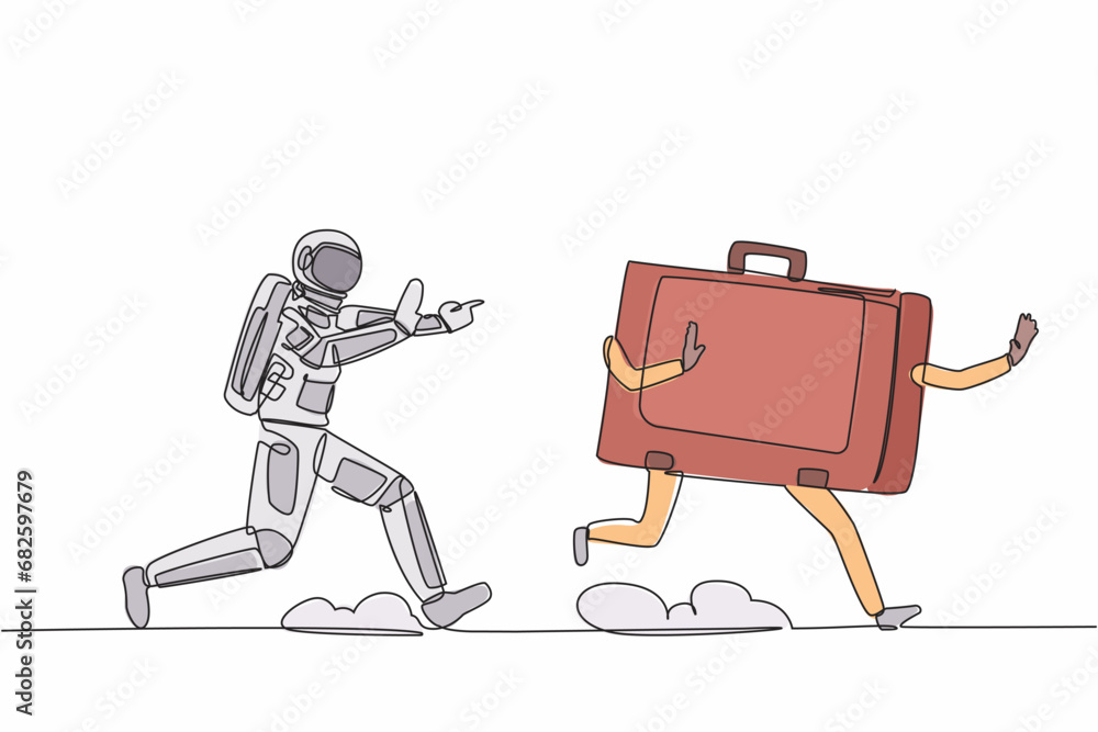 Aufkleber single one line drawing young astronaut running chasing briefcase in moon surface. huge bag for spac