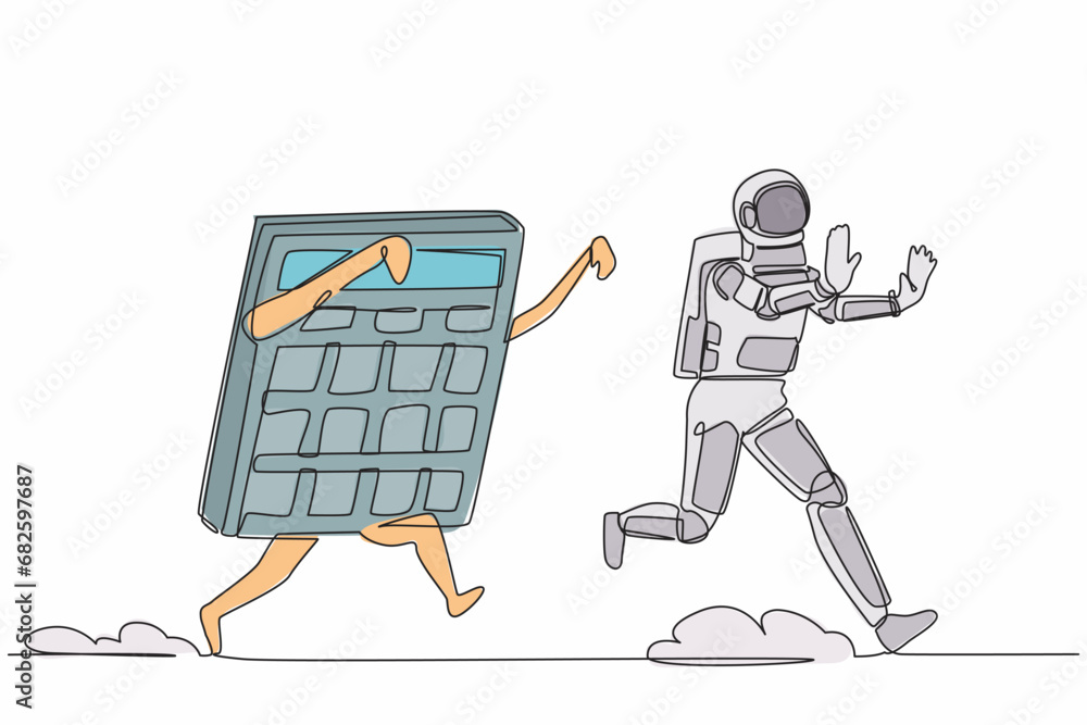 Aufkleber single one line drawing young astronaut being chased by calculator. difficult in calculations of spa