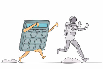 Single one line drawing young astronaut being chased by calculator. Difficult in calculations of spaceship expedition business project. Cosmic galaxy space. Continuous line design vector illustration