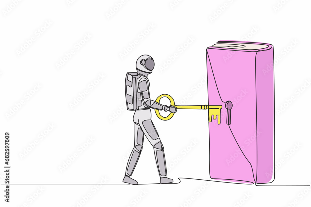 Poster continuous one line drawing astronaut putting key into book. unlock textbook and knowledge for space