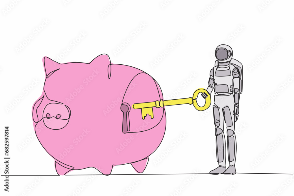 Poster continuous one line drawing young astronaut putting key into piggy bank. personal saving or money se